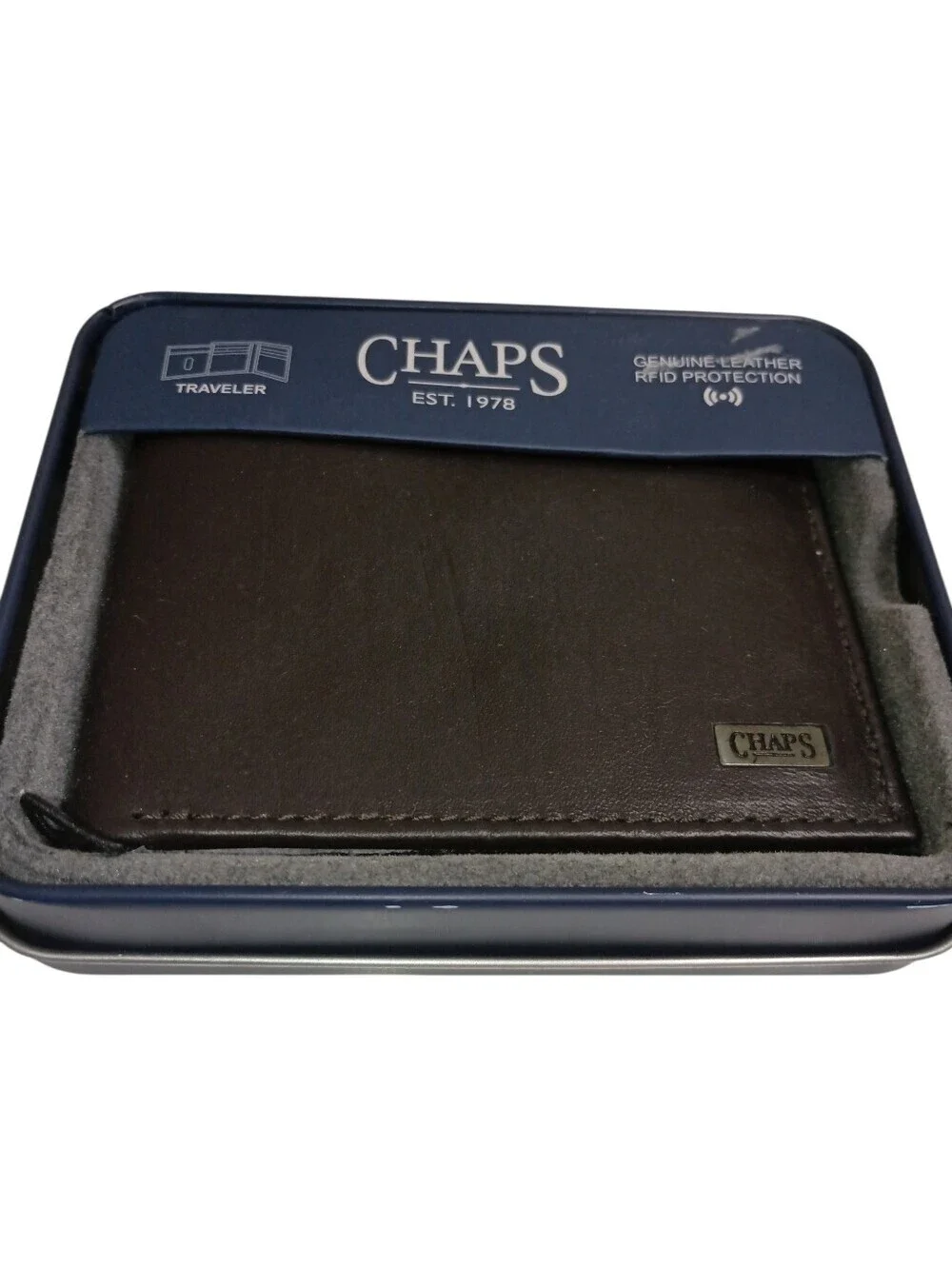 Chaps Men Dark Brown Traveler Bifold Genuine Leather Wallet RFID Protection